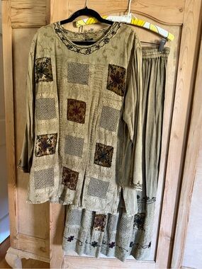 Sacred Threads Olive Green Embroidered Patchwork Tunic & Pants Set
